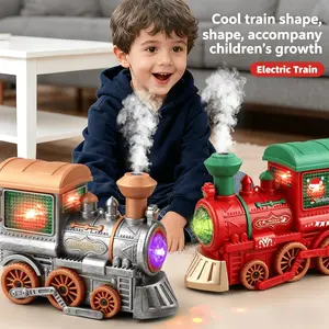 Vintage Electric Steam Spray Train Toy, Omnidirectional Driving with Lights, Music & Smoke, Bump-and-Go Action, Perfect Christmas & Birthday Gift for Kids， Toddler Crawl Exercise Toy