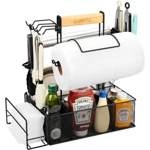 Grill Caddy-BBQ & Picnic Caddy with Paper Towel & Magnetic Tool Holders, Condiment Storage For Camper & Tailgate