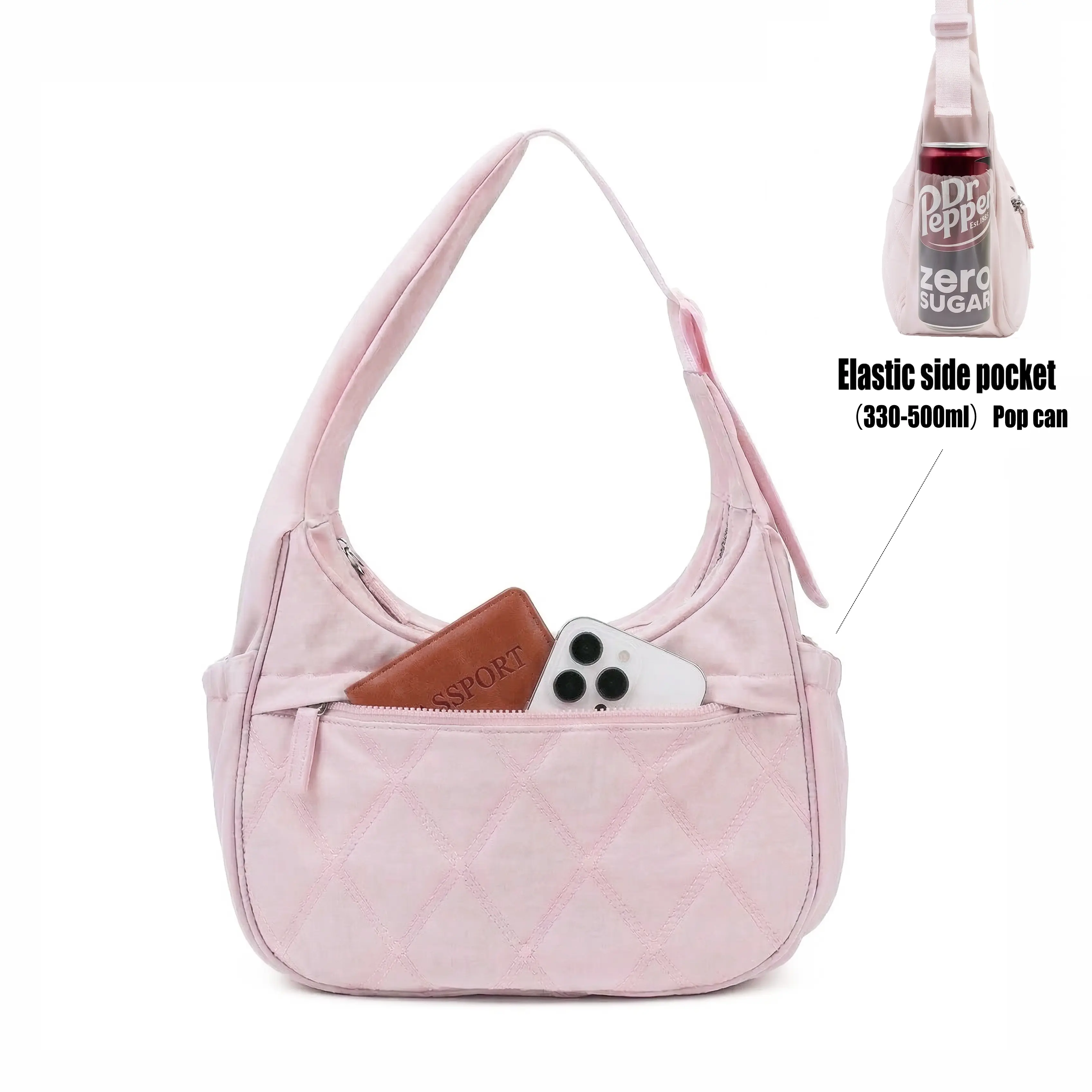 Five Seasons Home Quilted Crescent Shoulder Bag for Women Soft Nylon Multi-Pocket Everyday Organizer Lightweight Chic Design Pink Multifunctional with Elastic Side Pocket Casual Commuter Bag