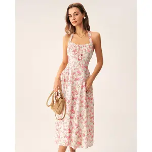rihoas Women's Polyester Fabric Halter Midi Dress - Fit, Elegant, Feminine Pink Colorful Floral Print 1-Piece Casual Womenswear