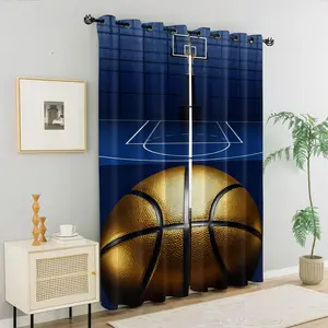Cool Gold Basketball Court Print Thickening Full Light Block Curtain, Unique Sports Theme Creative Design Curtains, Noise Reduction, Heat Insulation