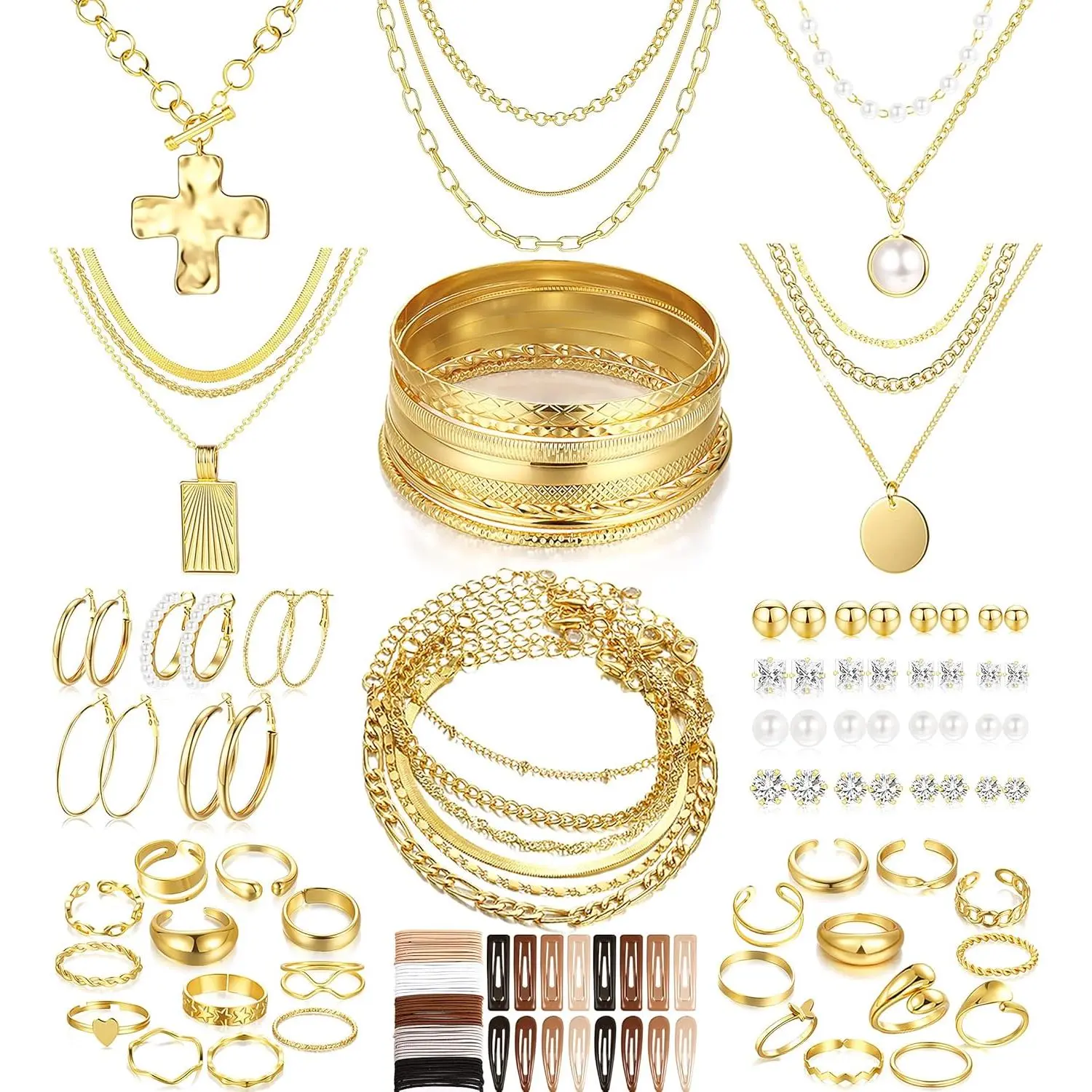 Women's Non-Tarnish Gold Fashion Glamour Jewelry Set (137-Piece) - 12 Necklaces,14 Bracelets,21 Hoop Earring Sets,24 Knuckle Rings,66 Hair Accessories,Stud Earrings - Camping Hiking Tent Accessory Complement,Anniversary/Mother’s Day Gifting Option, Stylin
