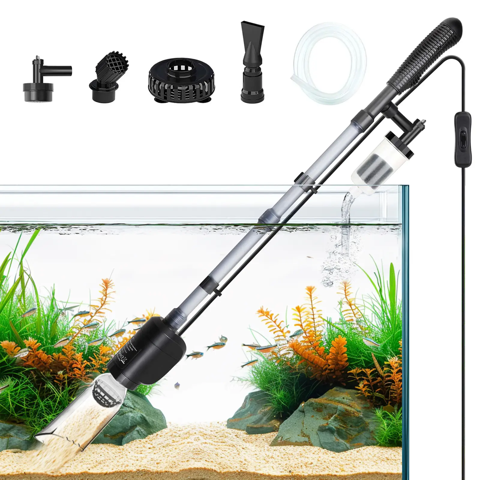 AQQA Aquarium Gravel Cleaner - Electric Automatic 6-in-1 Multi-Functional Pet Aquatic Cleaning Tool, Water Changer, Sand & Algae Cleaner, Filter Changer for Fish Tanks-C