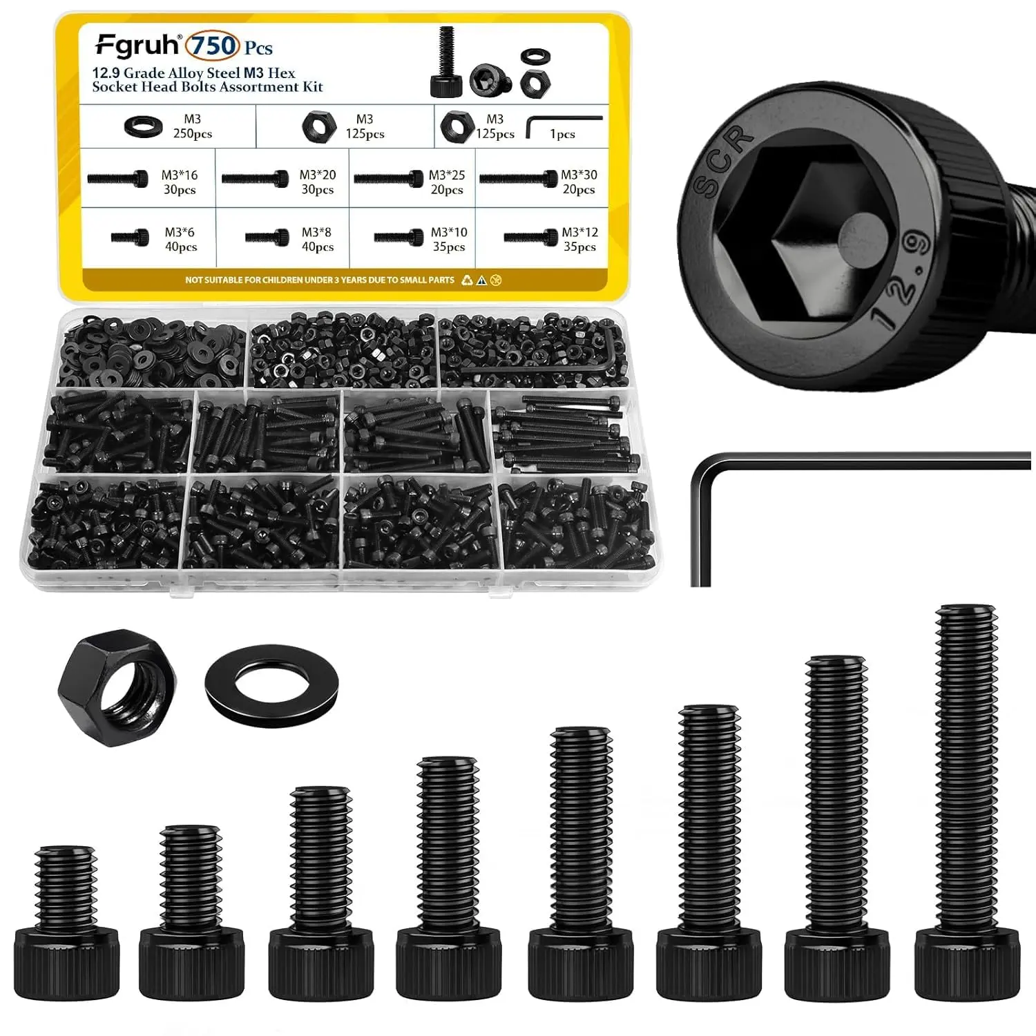 750PCS Multi-Size M3 Hex Socket Head Bolt Assortment Kit - M3x6/8/10/12/16/20/25/30 mm Bolts, Nuts & Washers Set, 12.9 Alloy Steel Black Zinc Plated for 3D Printer, DIY Users