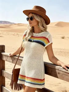 Rainbow Hollow Out Crochet Knit Mini Dress Boho Hippie Western Short Sleeve Casual Summer Beach Cover Up Sundress for Women Vacation Festival