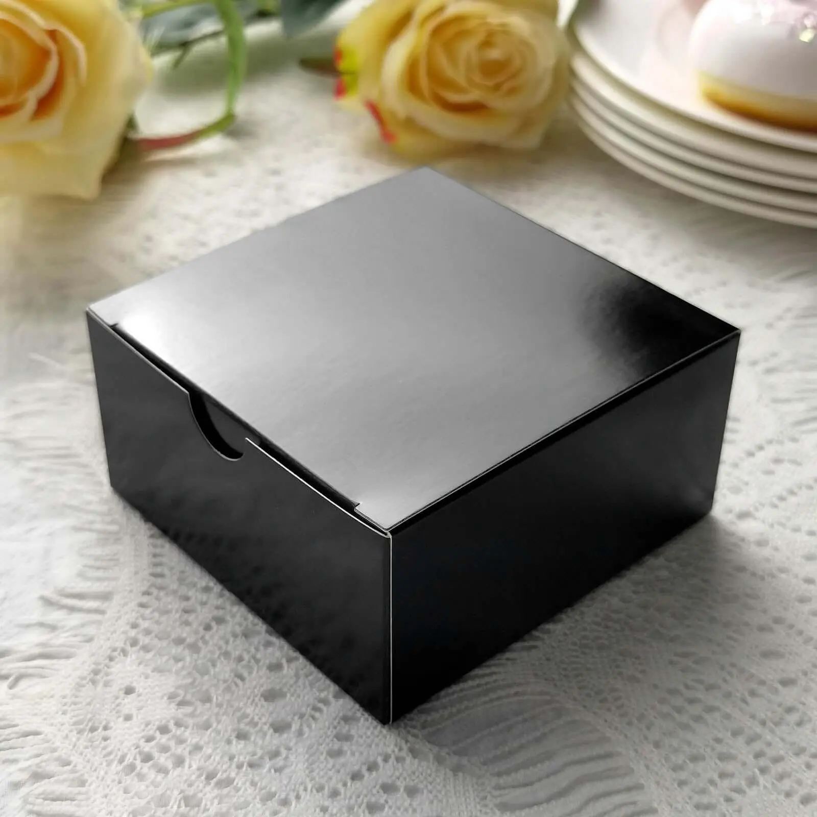 100-Pack Black Cardboard Square Baking Accessories Boxes, 4"x4"x2" DIY Small Cake Cupcake Boxes for Baby Shower, Birthday Events & Office Gift Event Supplies, Square Box