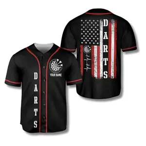 Darts Custom Baseball Jersey Shirt, Personalized Name, Black Red Button Up American Flag Dartboard Design UH