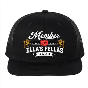 Ella's Fellas Club Member Trucker Hat | Unisex All Black Mesh Back Baseball Cap | Vintage Retro Graphic Shield & Lions Snapback Hat