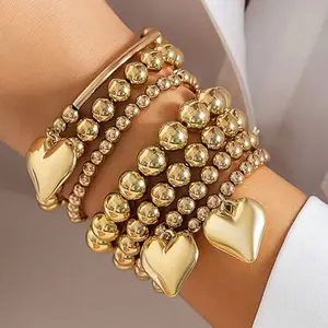7 pcs Naturally Gold Beaded Heart Bracelet Set for Women - Elegant and Stylish Jewelry Gift
