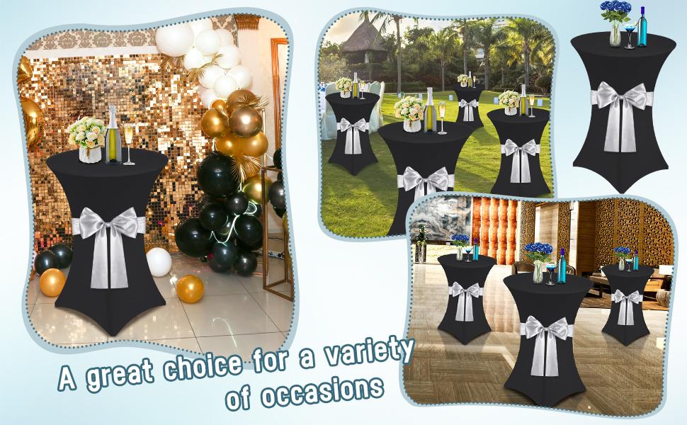 4 Pcs Black Spandex High-Top Cocktail Table Covers with Silver-White Satin Bow Sashes, 32"x43" Round Tablecloths, 4-piece black table cover with silver-white straps, Wineglass Centerpiece & Household Items Decor for Weddings, Bar Parties