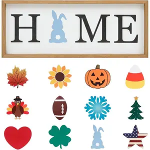 Interchangeable HOME Seasonal Tabletop Sign with 12 Pcs Seasonal Icons Wooden HOME Sign for All Seasons Shelf Mantel Windowsill Decor