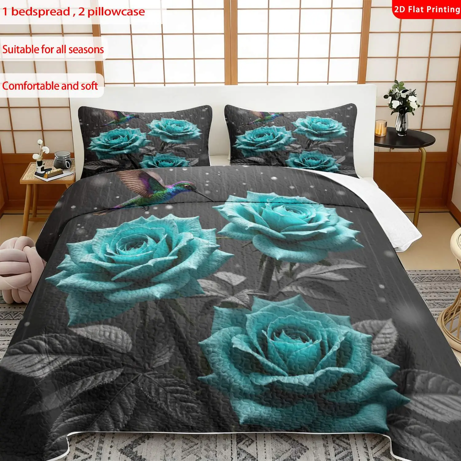 3 pcs, 2D Flat Print Turquoise Roses & Hummingbird Pattern Bedspread Set, Soft and Comfortable, Multiple Sizes Available, Suitable for Gifting and Daily Use, Ideal for Creating a Cozy Home Atmosphere(1 bedspread , 2 pillowcases)