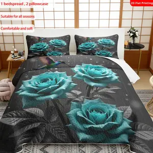 3 pcs, 2D Flat Print Turquoise Roses & Hummingbird Pattern Bedspread Set, Soft and Comfortable, Multiple Sizes Available, Suitable for Gifting and Daily Use, Ideal for Creating a Cozy Home Atmosphere(1 bedspread , 2 pillowcases)