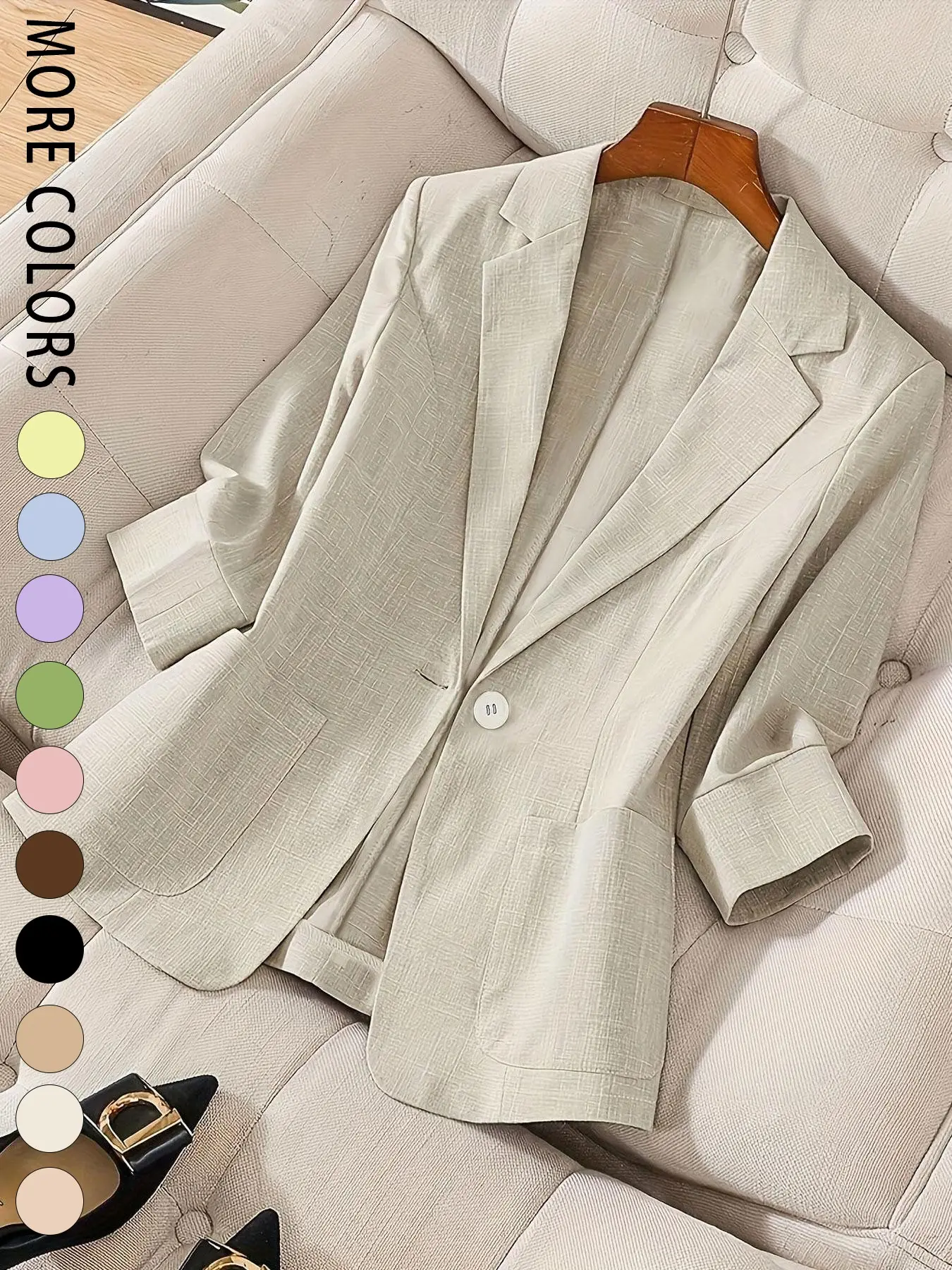 A women's solid color fashionable lightweight elegant high-end Formal Business Attire Office Clothes fitted three-quarter sleeve blazer, suitable for spring and summer, ideal for commuting and daily wear.