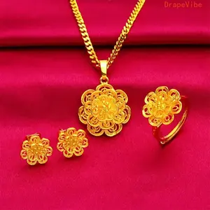 Women's Light‑Luxury High‑End Golden Flower Jewelry Set Including Pendant Necklace Bracelet And Ring For Daily Wear