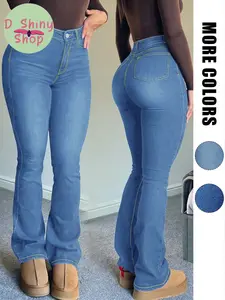 Fashionable Plus Size Solid Color Tight Fit Sexy Casual Versatile Women's Denim Flare Pants, Stylish and Comfortable Jeans