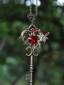 Gothic Hollow Fairy Key Pendant Necklace, Antique Copper Color, Vintage Design, Creative Party Gothic Witch Jewelry for Women