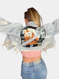 Graphic Mood Cropped Denim Jacket with Long Sleeves for Women - All Seasons