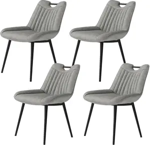 AMERLIFE Upholstered Faux Leather Dining Chairs Set of 4, Mid-Century Modern Kitchen & Dining Room Chairs with Curved Backrest, Cutout Handle, Metal Legs & Padded Seat, Grey