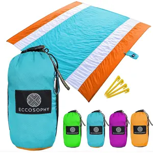 Parachute Outdoor Picnic Blanket with 4 Corner Pockets, Plastic Stakes, Heatproof Design, Quick Drying, Compact, Machine Washable for Travel Light