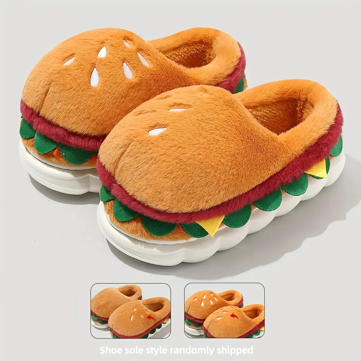 Unisex Plush Slipper Slides with Cute Hamburger Print, Casual Indoor Footwear with a Warm Lining and Non-Slip Flat EVA Sole, Cartoon, Slippers, Flat Sole, Shoe, Slip On, Slip Resistant