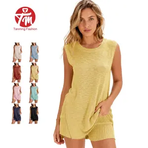 Tanming Women's 2-Piece Knit Outfits, Fitted Crew (Round) Neck Sleeveless Tunic Top & Matching Shorts, Boat & Beach Vacation Casual Women's Clothes,summerwins