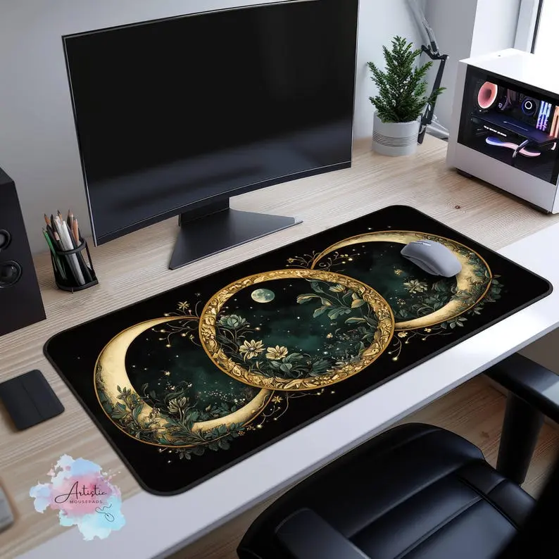 Gold Cottagecore Witchy Desk Mat Gift, Green Dark Academia Crescent Moon XL Mousepad, Celestial Moon Phases Witch Desk Home Office Decor, Desk Mat Gifts