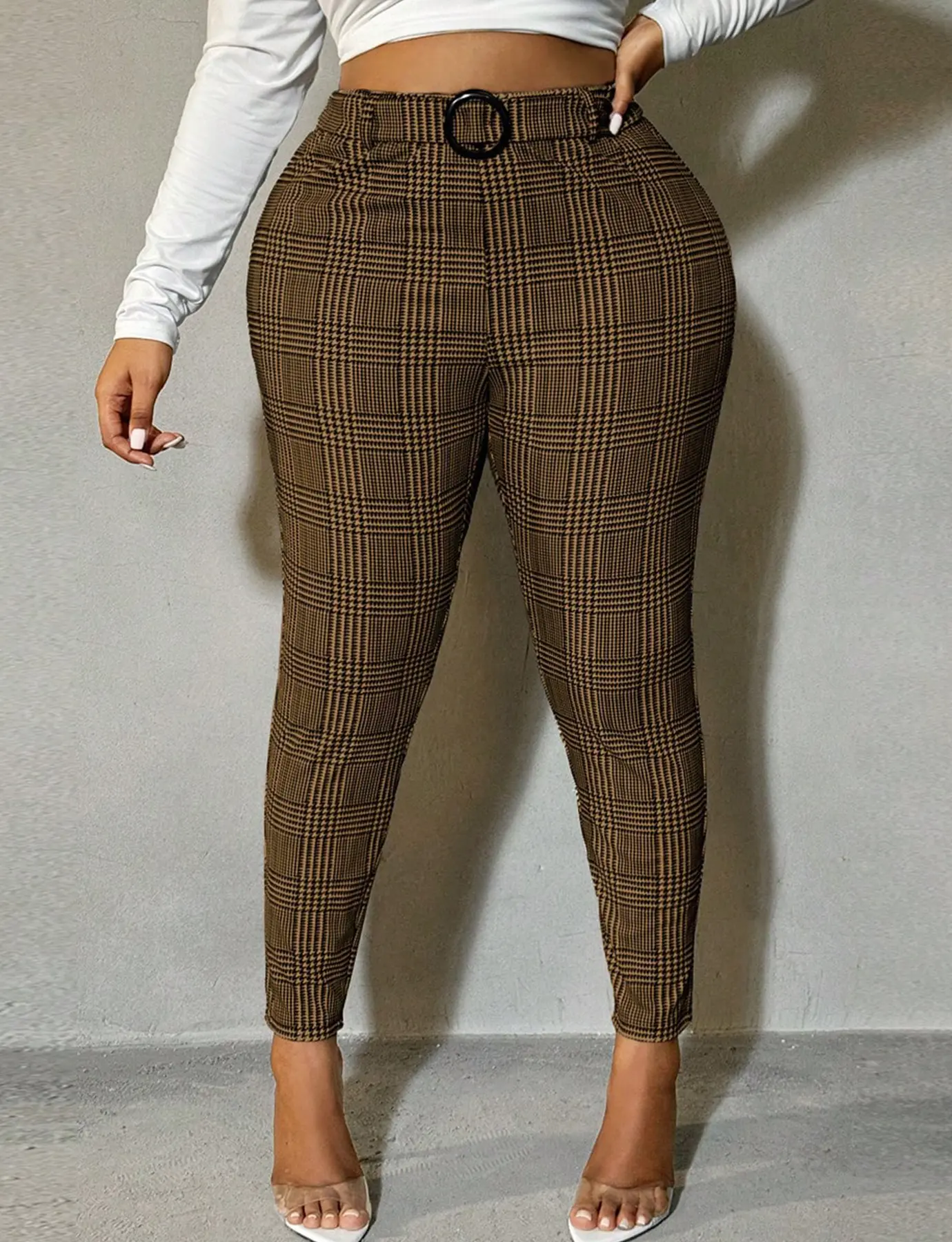 Women's Retro Plaid High-Waisted Fitted Trouser - Stretchy Skinny Bottom with Ring Buckle Belt, Figure-Flattering Tapered Long Pants for Casual Commuting