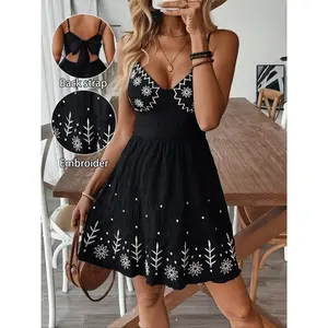 Solid-Color Embroidered Floral A-Line Mini Halter Dress for Spring/Summer, Back Bow Detail, Elegant and Sexy Stitched Dress, Women’s Wear, Elegance
