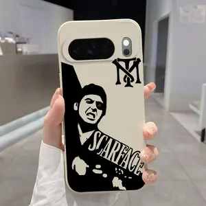 Rounded Edge Phone Case for Google Pixel 10 9 8 7 Pro A XL Scarface Monochrome Pattern Shockproof Liquid Silicone TPU Bumper Drop Protection Cover Smartphone Casing