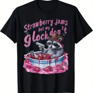 Shirts Men Playful Raccoon Cowboy T-Shirt With Strawberry Jams And Toy Gun Fun.