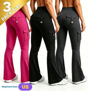 3 Pcs  Women's High Waist Flared Yoga Leggings with Scrunch & Pockets, Seamless Front Cargo Pants for Fitness