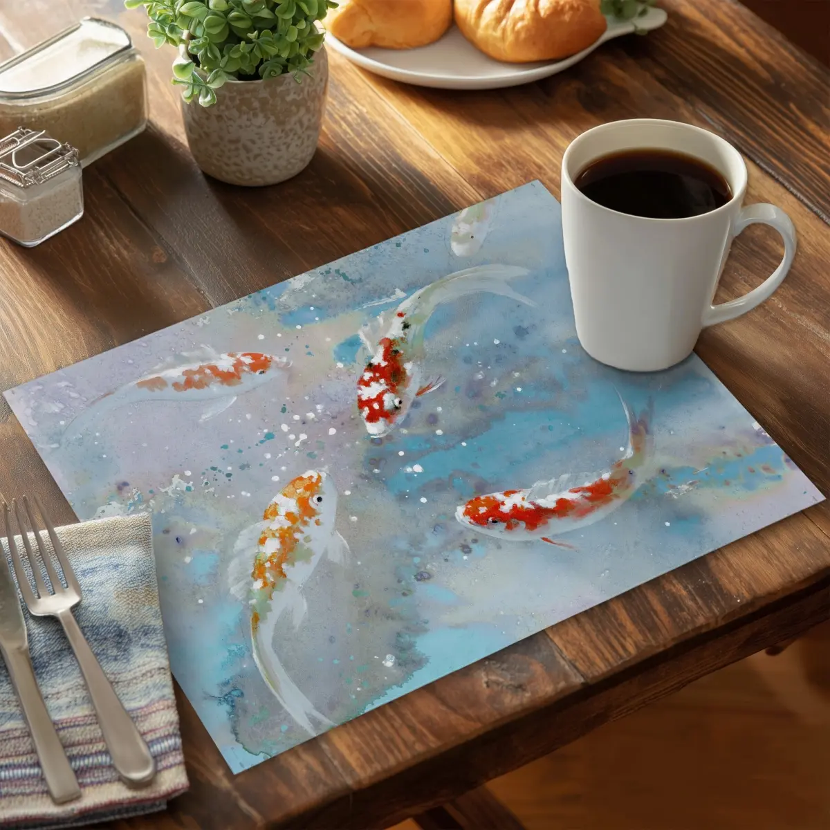 360 Stand Rectangular Polyester Placemat, 14x18 in. Aquatic Koi Fish Blue Waterproof Stain Resistant Placemat for Home Dinnerware & Tableware Use, CPPM1418Q3FP6G, Waterproof Placemat