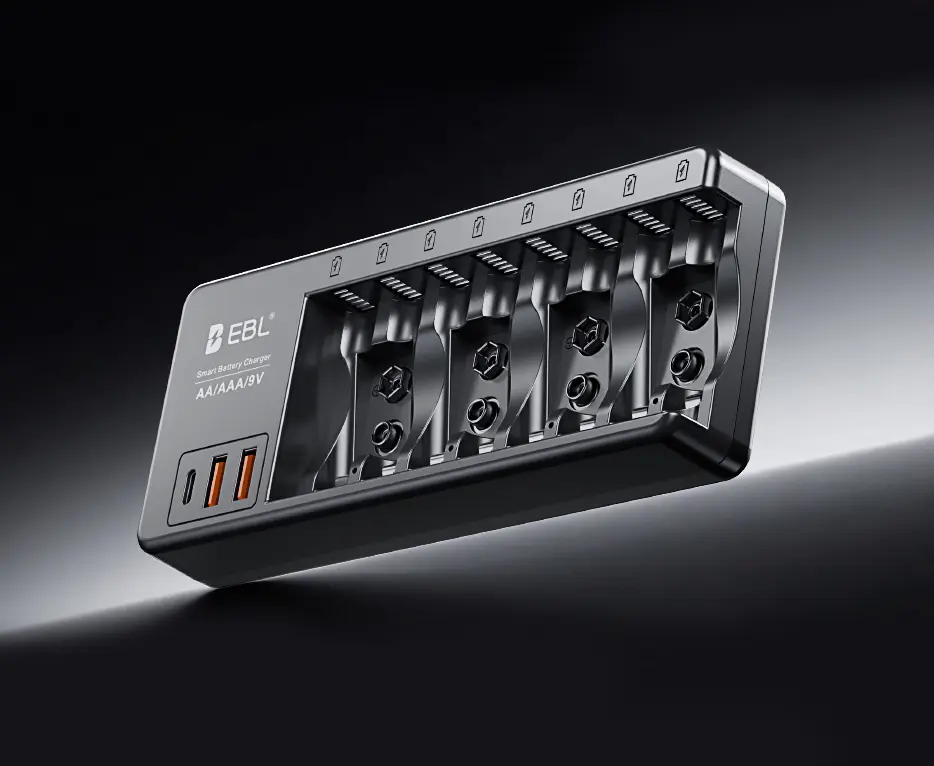 Multi-Function Charger From EBL For AA, Triple A, 9V Lithium, Nickel Metal Hydride & Nickel Cadmium Batteries, 2 USB-A & 1 USB-C Ports With Independent LED Display, Trickle Charging System & Reliable Safety For 5V Phones And Electronics