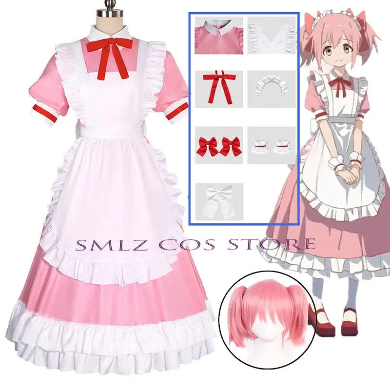 Maid Kaname Madoka Cosplay Anime Magical Girl Costume Magica Kaname Pink Dress Wig Kaname Madoka Outfits for Comic Con Girl