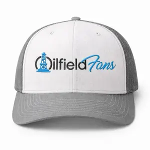 OilfieldFans Custom Embroidered Hat with Blue Oil Derrick Logo and Grey Mesh Back