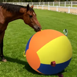 Large Horse Pasture Ball with Hood, Inflatable Horse Toy with Zipper, Multi-Color Straps Design, Includes Pump, Anti-Burst