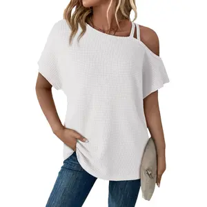 Dokotoo Womens Summer Off The Shoulder Tops for Women Waffle Knit Short Sleeve T-Shirts Casual Loose Elegant Cross Straps Lightweight Soft Solid Color Blouses Cute Trendy Fashion