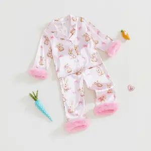 Toddler Baby Girl Easter Pajamas Set Bunny Print Furry Trim Button Down Long Sleeve Tops and Pants Girls Easter Pajama Sets Long Sleeve Lapel Button Up Bow Rabbit Print Shirt Pants