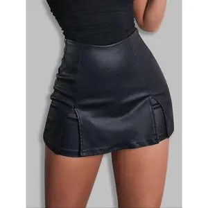 Women’s high-waisted skinny PU shorts with split hem, stretchy faux leather skort with back zipper for holiday, club, and everyday wear; women’s comfortable basic black minimalist bottoms