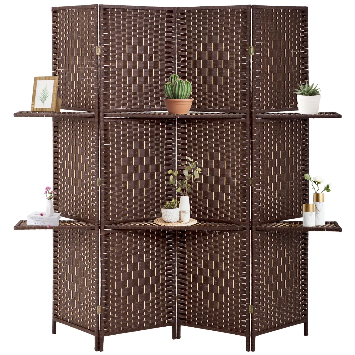 4/6 Panels Room Divider Wall Dividers Double Hinged Privacy Wooden Partition Screen Removable Storage Shelves Folding Room Dividers Home,Office