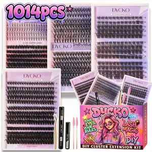 DYCKO 1014Pcs DIY Eyelash Extension Kit - 9-in-1 Complete Starter Set with 4 Mixed Styles (Mega Volume, W-Style Clover, Fairy Spiky, Classic Natural), 2-in-1 Bond & Seal, Remover & Tweezer, 72H Long-Wear Waterproof Vegan Lash Kit