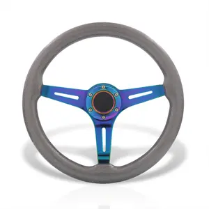 Universal 350mm Wood Grain Style Steel Steering Wheel Neo Chrome Center Metallic Gunmetal Wood