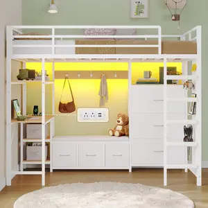 Sikaic Twin Loft Bed with Desk, 6 Storage Drawers, Stairs & Safety Guardrail, Metal Twin Size Loft Bed with Charging Station, LED Lights, Pegboard, Open Shelves & Coat Rack, White