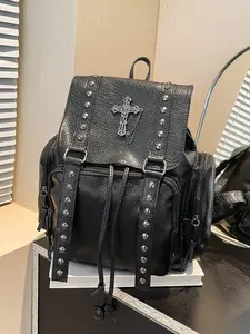 Y2K Punk Retro Punk PU Black Leather Rivet Motorcycle Backpack, Rock Style Large Capacity School Bag, Women's Gothic Cross Studded Drawstring Travel Bag,Travel Essentials