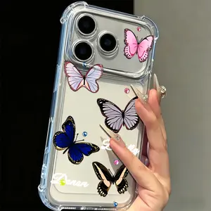Five Butterflies Pattern Women's Phone Case for iPhone 11/12/13/14/15/16/17 Pro Max, Pink Chrome Alloy Frame Reinforced Corner Protection Protective Phone Cover