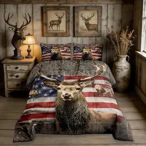 Feelyou American Flag Deer Polyester Comforter Set - U-Stitch Wildlife Theme Bedroom Bedding, Decorative Travel-Ready Duvet, Brown Animal & Trees Print for Kids Boys (Queen Size Available)