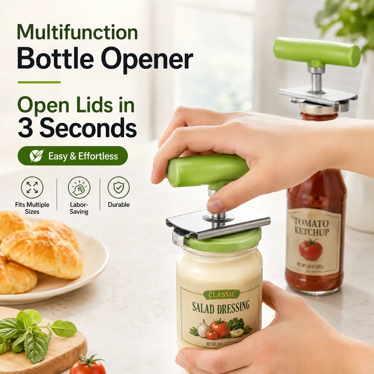 Adjustable Jar Opener Fits All Lid Sizes 0.98 to 4.13 in, Easy Twist Bottle and Jar Lid Opener Tool for Weak Hands, Stainless Steel No-Slip Grip Opener for Seniors Arthritis & Kids, Ergonomic Handle Kitchen Gadget, BPA-Free, Green or White