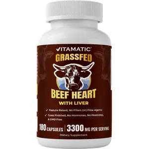 Vitamatic Grass Fed Beef Heart & Liver Vitamin Dietary Supplement - 180 Capsules, Freeze Dried, Non-GMO, Pasture Raised Glandular - 3300 MG per Serving, Supports Energy & Brain Health, Made in USA