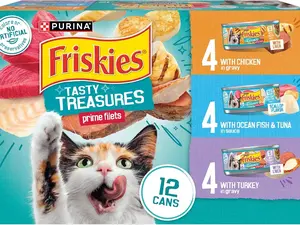 Purina Friskies Wet Cat Food Variety Pack, Tasty Treasures Prime Filets (With Ocean Fish and Tuna, With Chicken and With Turkey) - 5.5 Ounce (Pack of 12)